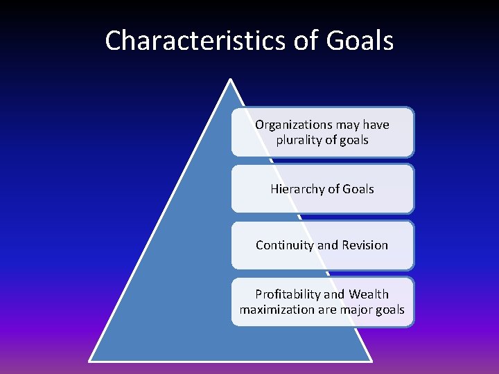 Characteristics of Goals Organizations may have plurality of goals Hierarchy of Goals Continuity and Characteristics of Goals Organizations may have plurality of goals Hierarchy of Goals Continuity and