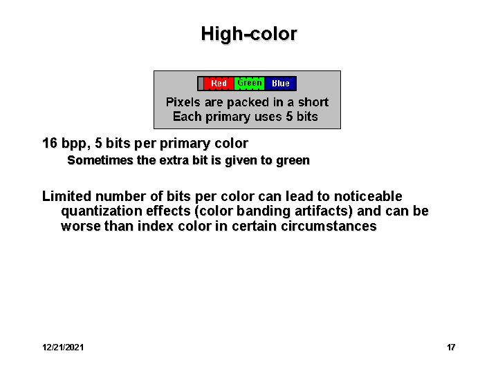 High-color 16 bpp, 5 bits per primary color Sometimes the extra bit is given