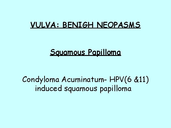 VULVA: BENIGH NEOPASMS Squamous Papilloma Condyloma Acuminatum- HPV(6 &11) induced squamous papilloma VULVA: BENIGH NEOPASMS Squamous Papilloma Condyloma Acuminatum- HPV(6 &11) induced squamous papilloma