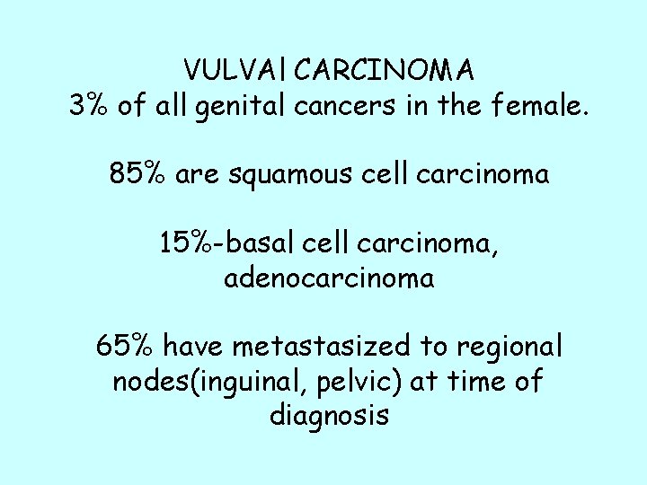 VULVAl CARCINOMA 3% of all genital cancers in the female. 85% are squamous cell