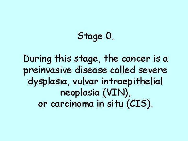 Stage 0. During this stage, the cancer is a preinvasive disease called severe dysplasia,