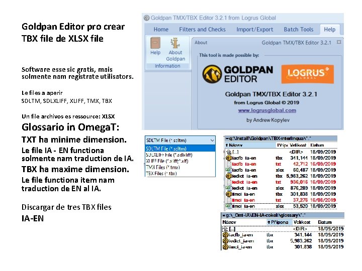 Goldpan Editor pro crear TBX file de XLSX file Software esse sic gratis, mais