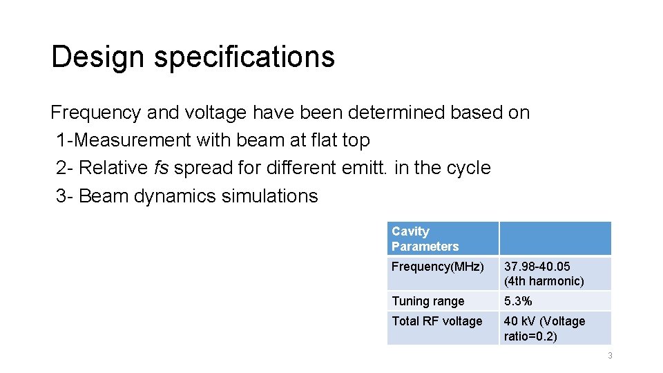 Design specifications Frequency and voltage have been determined based on 1 -Measurement with beam