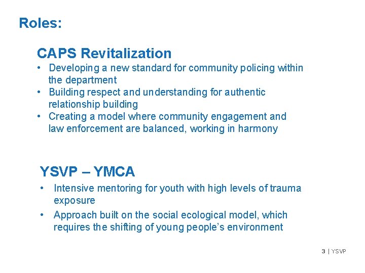 Roles: CAPS Revitalization • Developing a new standard for community policing within the department