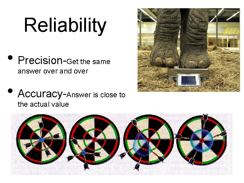 Reliability • Precision- Get the same answer over and over • Accuracy- Answer is