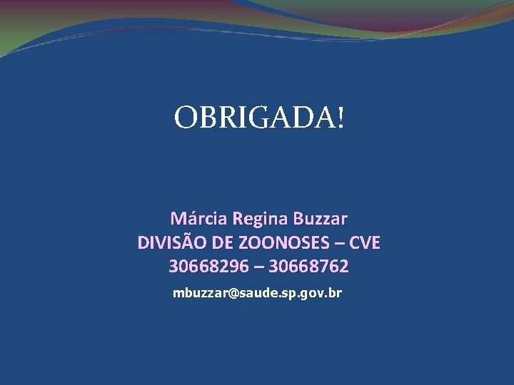 OBRIGADA! Márcia Regina Buzzar DIVISÃO DE ZOONOSES – CVE 30668296 – 30668762 mbuzzar@saude. sp.