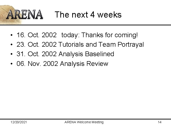 The next 4 weeks • • 16. Oct. 2002 today: Thanks for coming! 23.