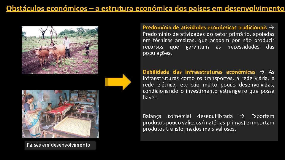 Obstáculos económicos – a estrutura económica dos países em desenvolvimento Predomínio de atividades económicas