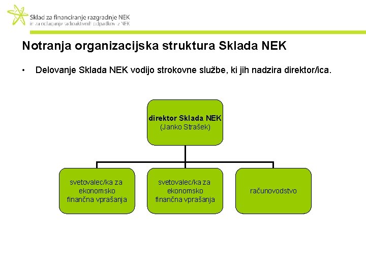 Notranja organizacijska struktura Sklada NEK • Delovanje Sklada NEK vodijo strokovne službe, ki jih