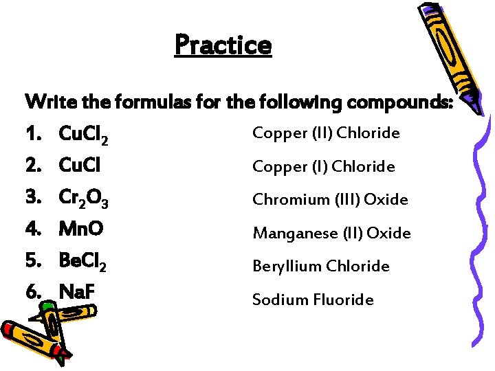 Practice Write the formulas for the following compounds: Copper (II) Chloride 1. Cu. Cl