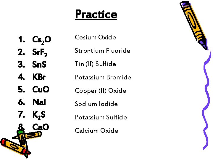 Practice 1. 2. 3. 4. 5. 6. 7. 8. Cs 2 O Sr. F