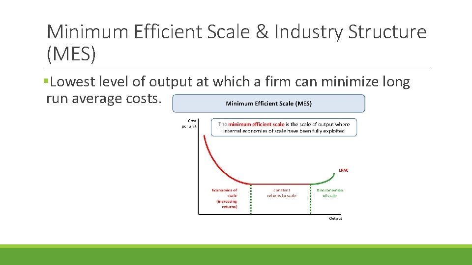 Minimum Efficient Scale & Industry Structure (MES) §Lowest level of output at which a