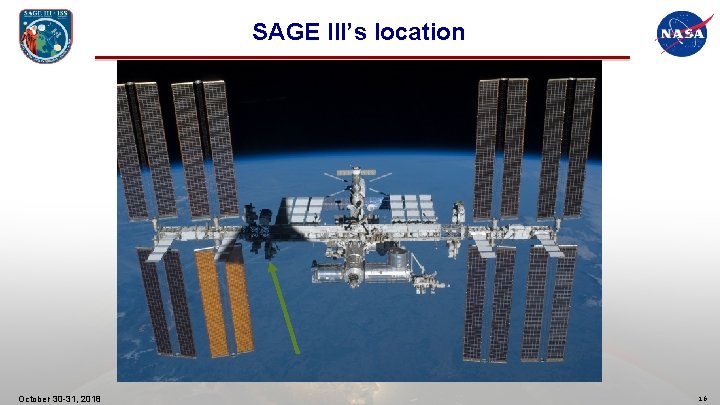 SAGE III’s location October 30 -31, 2018 16 
