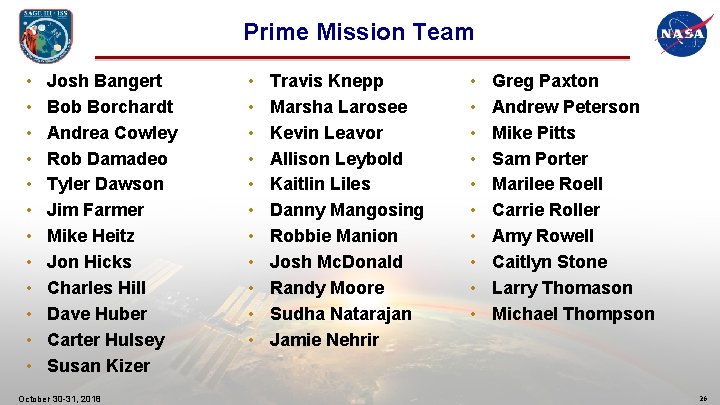 Prime Mission Team • • • Josh Bangert Bob Borchardt Andrea Cowley Rob Damadeo
