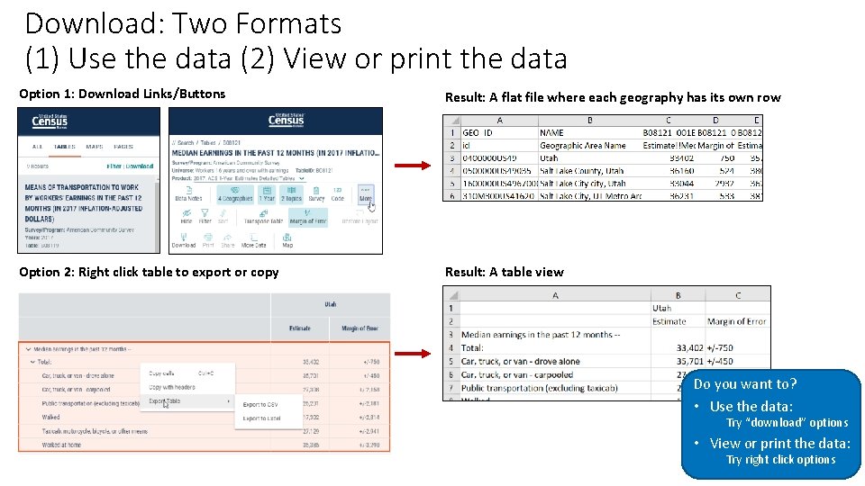Download: Two Formats (1) Use the data (2) View or print the data Option