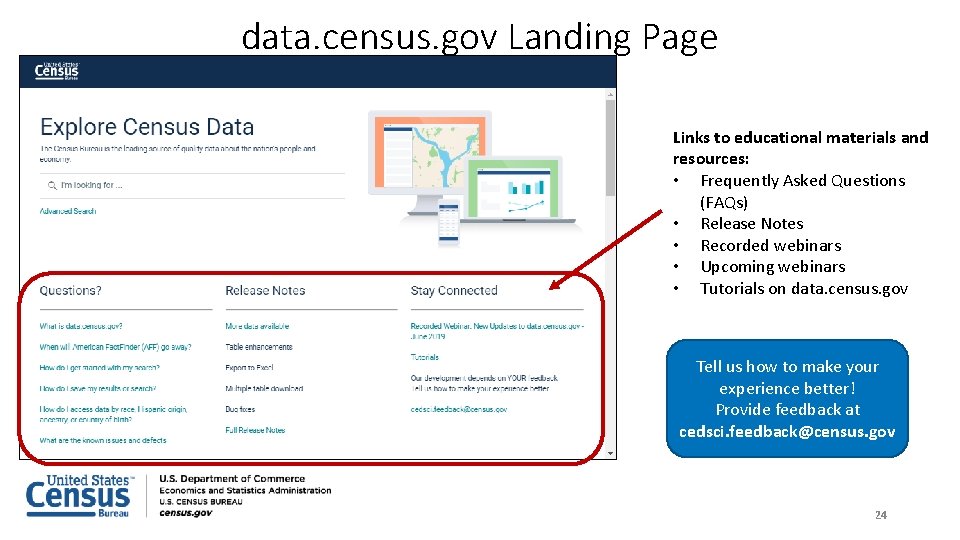 data. census. gov Landing Page Links to educational materials and resources: • Frequently Asked