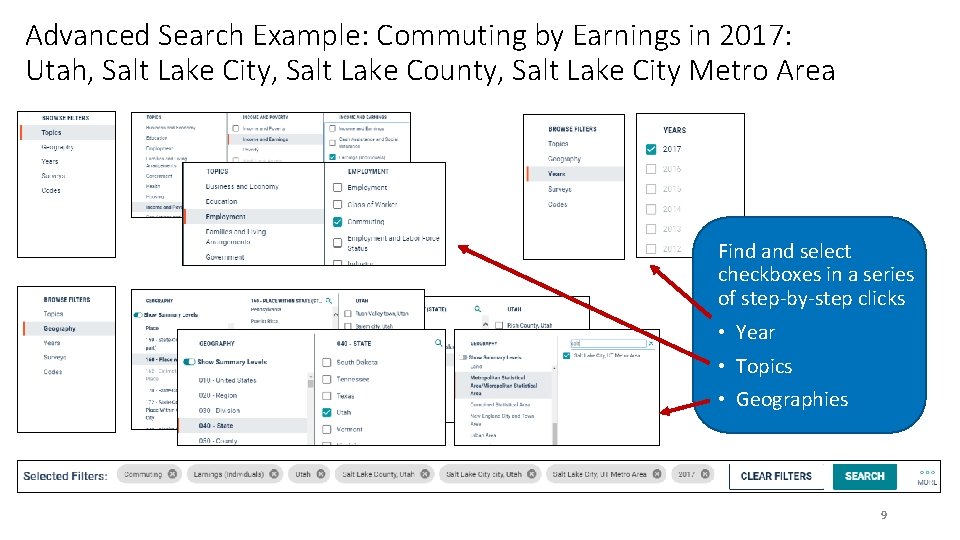 Advanced Search Example: Commuting by Earnings in 2017: Utah, Salt Lake City, Salt Lake
