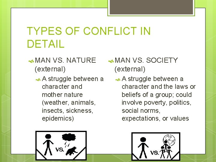 TYPES OF CONFLICT IN DETAIL MAN A A VS. NATURE (external) struggle between a