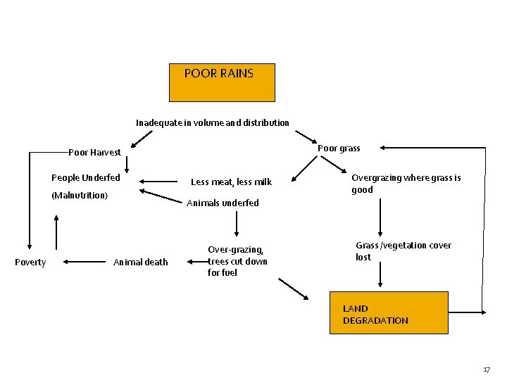 POOR RAINS Inadequate in volume and distribution Poor grass Poor Harvest People Underfed (Malnutrition)