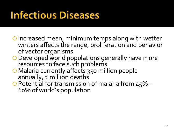 Infectious Diseases Increased mean, minimum temps along with wetter winters affects the range, proliferation