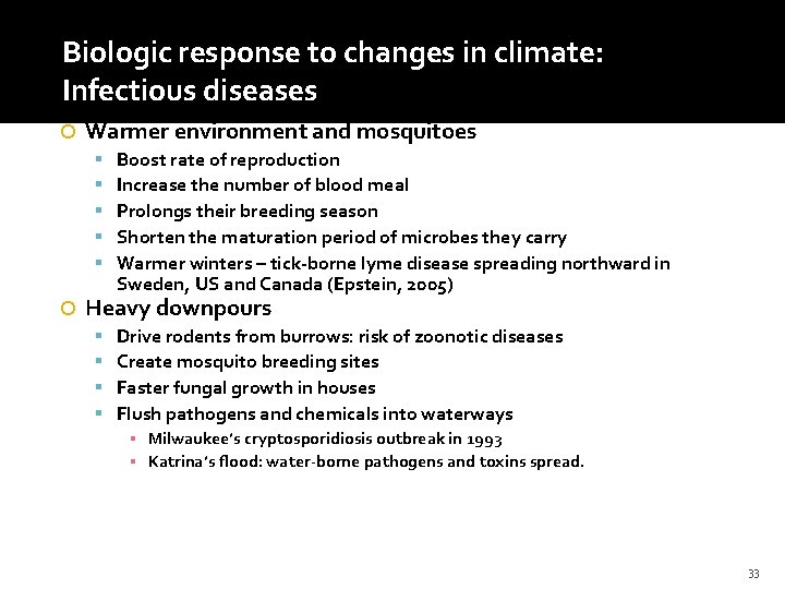 Biologic response to changes in climate: Infectious diseases Warmer environment and mosquitoes Boost rate