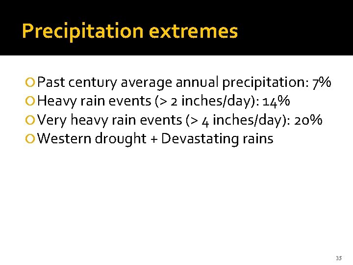 Precipitation extremes Past century average annual precipitation: 7% Heavy rain events (> 2 inches/day):