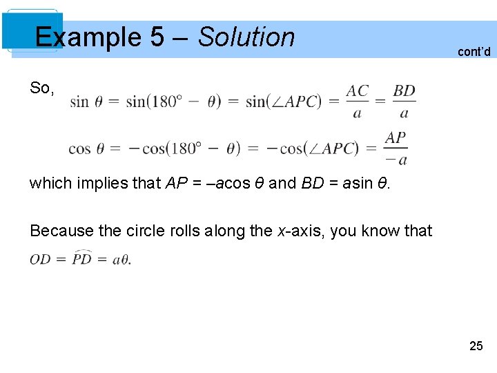 Example 5 – Solution cont’d So, which implies that AP = –acos θ and Example 5 – Solution cont’d So, which implies that AP = –acos θ and