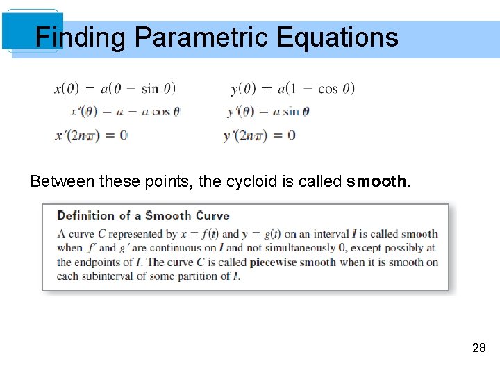 Finding Parametric Equations Between these points, the cycloid is called smooth. 28 Finding Parametric Equations Between these points, the cycloid is called smooth. 28