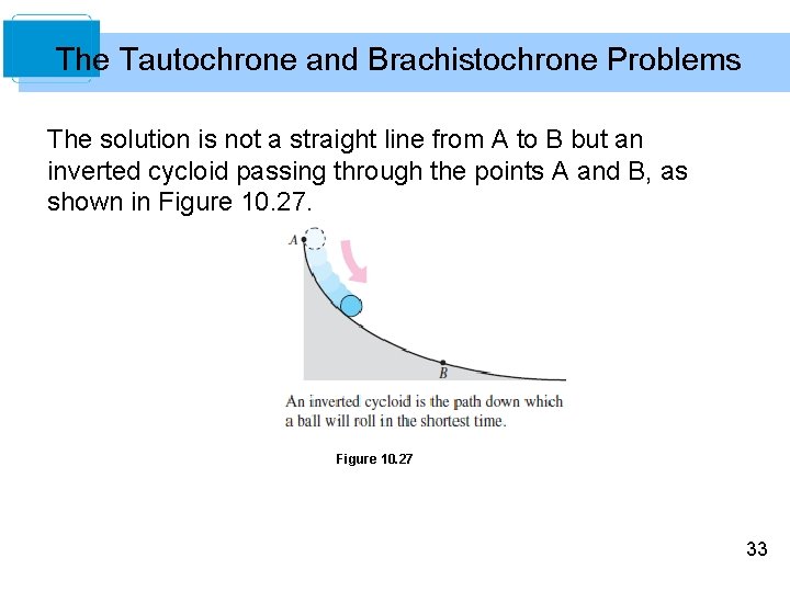 The Tautochrone and Brachistochrone Problems The solution is not a straight line from A The Tautochrone and Brachistochrone Problems The solution is not a straight line from A