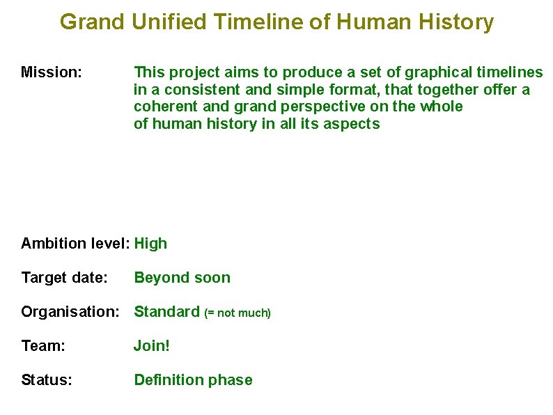 Grand Unified Timeline of Human History Mission: This project aims to produce a set