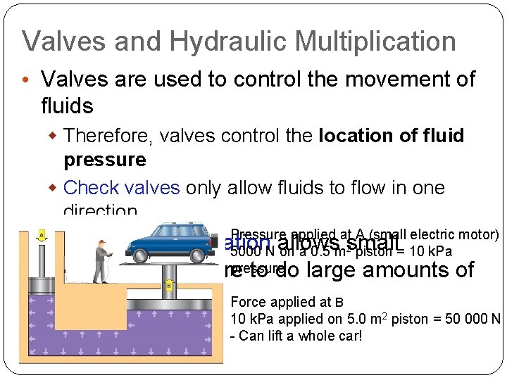 Valves and Hydraulic Multiplication • Valves are used to control the movement of fluids