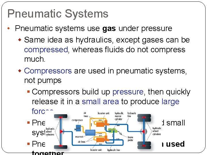 Pneumatic Systems • Pneumatic systems use gas under pressure w Same idea as hydraulics,