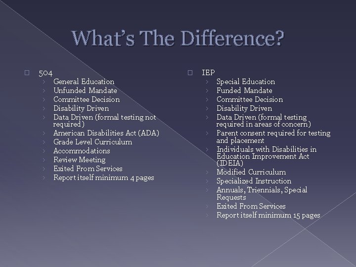 What’s The Difference? � 504 › › › � General Education Unfunded Mandate Committee