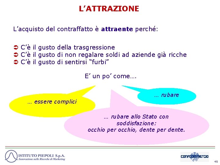 L’ATTRAZIONE L’acquisto del contraffatto è attraente perché: C’è il gusto della trasgressione C’è il