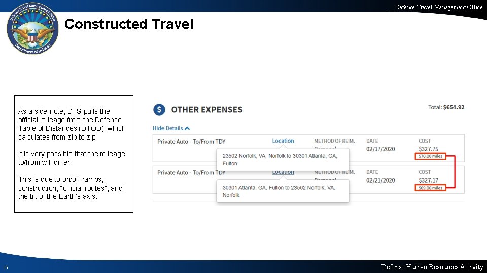 Defense Travel Management Office Constructed Travel As a side-note, DTS pulls the official mileage