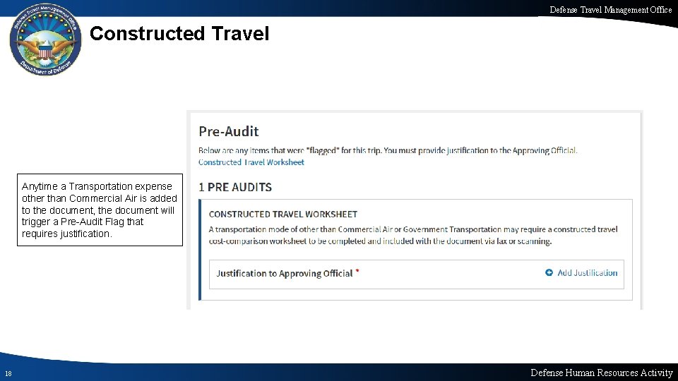 Defense Travel Management Office Constructed Travel Anytime a Transportation expense other than Commercial Air