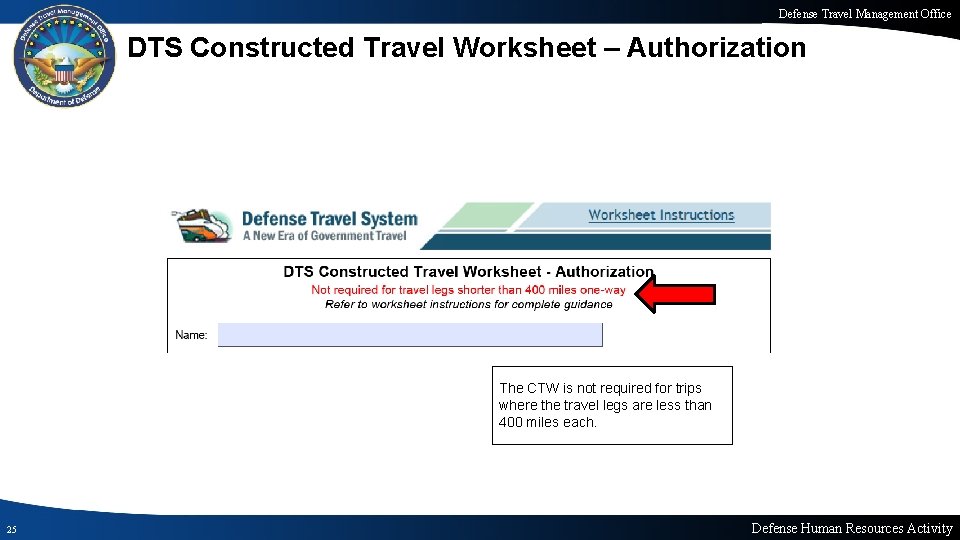 Defense Travel Management Office DTS Constructed Travel Worksheet – Authorization The CTW is not