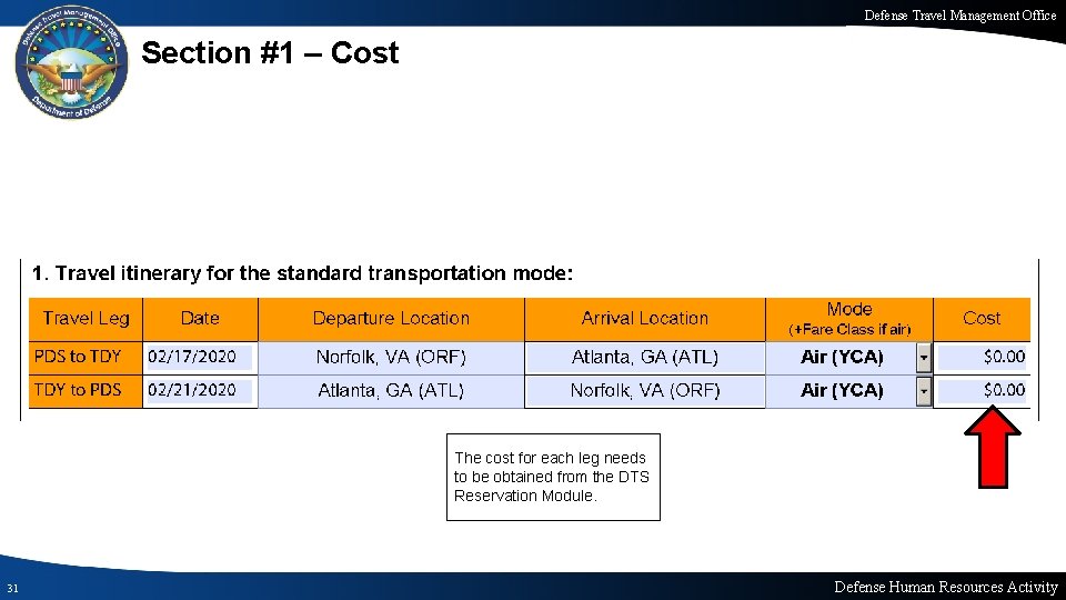 Defense Travel Management Office Section #1 – Cost The cost for each leg needs