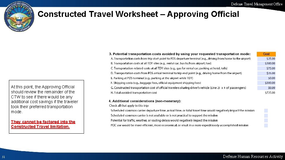 Defense Travel Management Office Constructed Travel Worksheet – Approving Official At this point, the