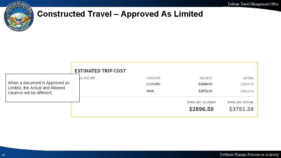 Defense Travel Management Office Constructed Travel – Approved As Limited When a document is