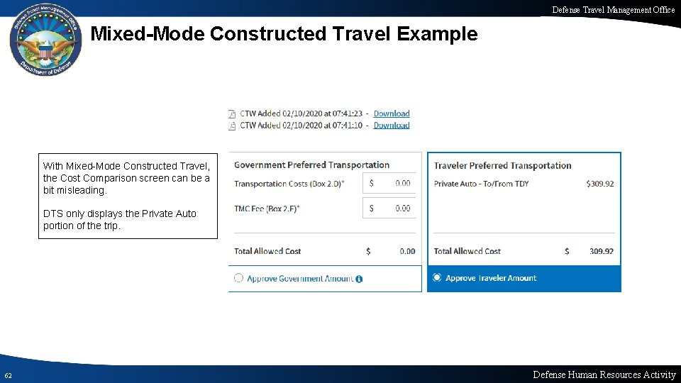 Defense Travel Management Office Mixed-Mode Constructed Travel Example With Mixed-Mode Constructed Travel, the Cost