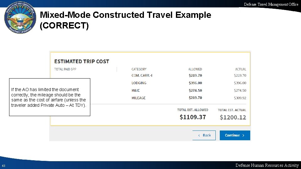 Defense Travel Management Office Mixed-Mode Constructed Travel Example (CORRECT) If the AO has limited