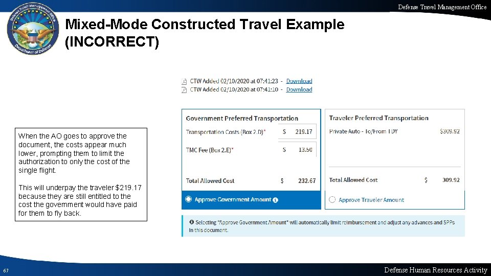 Defense Travel Management Office Mixed-Mode Constructed Travel Example (INCORRECT) When the AO goes to