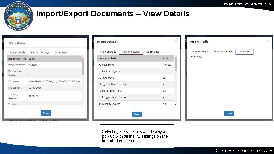 Defense Travel Management Office Import/Export Documents – View Details Selecting View Details will display