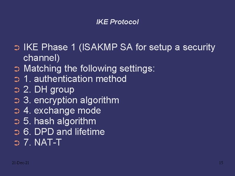 IKE Protocol IKE Phase 1 (ISAKMP SA for setup a security channel) ➲ Matching