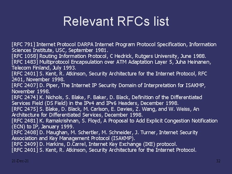 Relevant RFCs list [RFC 791] Internet Protocol DARPA Internet Program Protocol Specification, Information Sciences