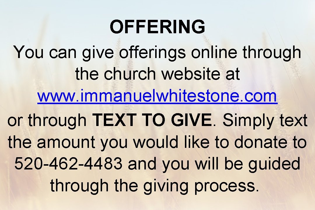 OFFERING You can give offerings online through the church website at www. immanuelwhitestone. com