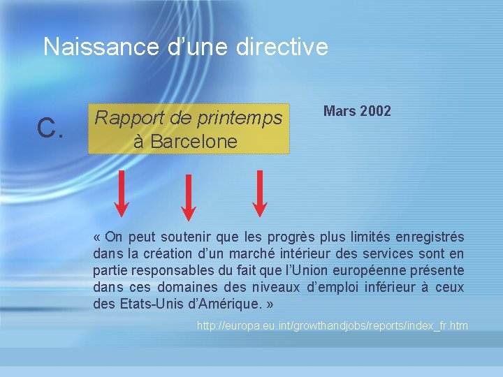 Naissance d’une directive C. Rapport de printemps à Barcelone Mars 2002 « On peut