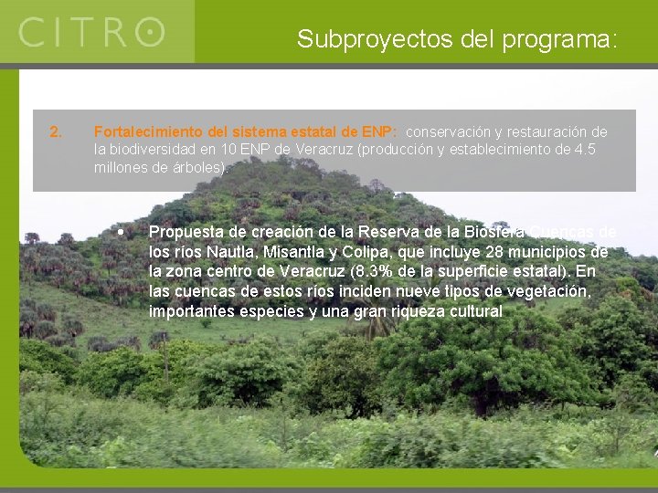 Subproyectos del programa: 2. Fortalecimiento del sistema estatal de ENP: conservación y restauración de