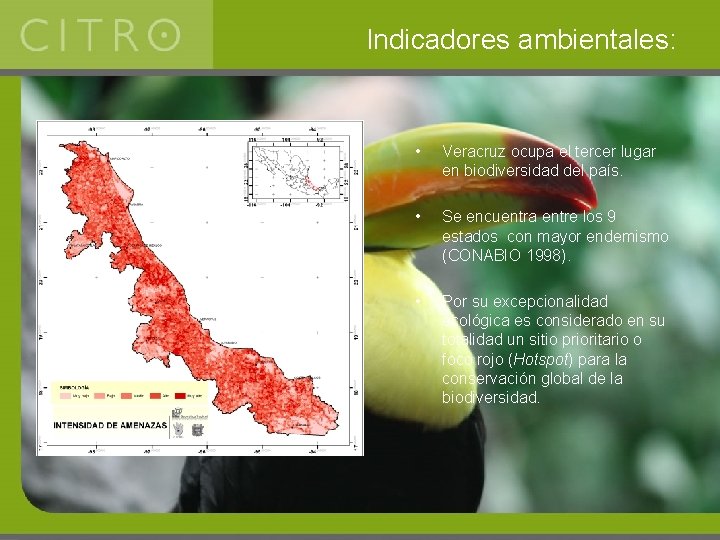Indicadores ambientales: • Veracruz ocupa el tercer lugar en biodiversidad del país. • Se